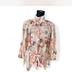 Boston Proper Cream Floral Lace-Trim Tie-Waist Blouse